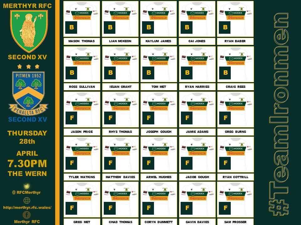 RFCMerthyr's tweet photo. #SecondXV #CupSemiFinal
Here's our squad for tomorrow evening's big semi final against Penallta RFC
If you're not travelling into the capital, get behind the boys at #TheWern
@PenalltaRugby1
📆 28th April
🕝 7.30pm
📍 The Wern
🏆 Ivor Williams Cup (Semi)
#TeamIronmen🖤💚💛 https://t.co/Tpd7bxsIDy