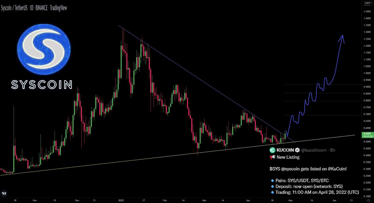 Hayess5178's tweet photo. $SYS @syscoin

Attempting breakout on the daily chart✍️. #Syscoin look's like it could start a new uptrend🆙. Massive partnerships, Super fast growing ecosystem &amp; new exchanges, Most recently @kucoincom. Trading on #Kucoin starts tomorrow 11AM UTC

#Bitcoin #NEVM #Defi #NFT #Web3 https://t.co/YCV51lqBRs