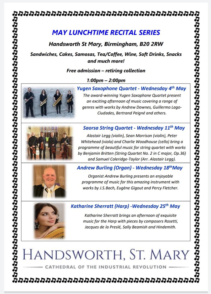 We are pleased to announce details of our weekly Lunchtime Recital Series for May, starting next Wednesday at 1pm.

Free Admission, with a Retiring Collection. 

Refreshments are available to purchase.

All Welcome #LiveMusic #COTIR #Handsworth