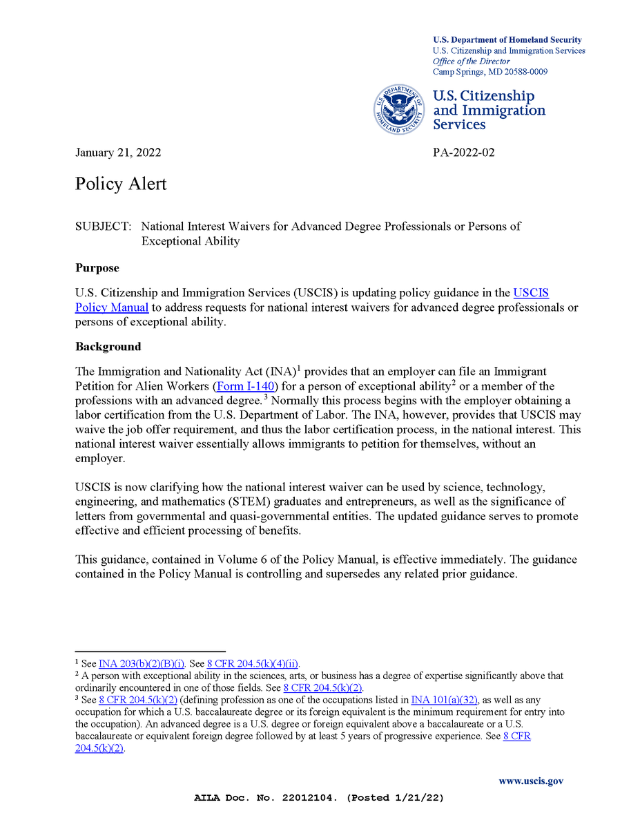 PuyangLaw's tweet photo. Know about the new analytical framework which broadens the grant of National Interest Waiver petitions. There are also policy updates relating to STEM field, letters from government entities, and provisional degrees. #niw #eb2niw https://t.co/FfKMutYPY6