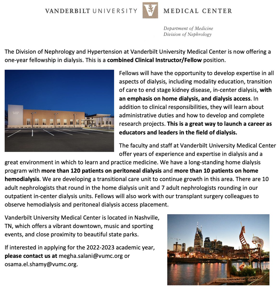 📢 @VUMCKidney is now offering a Dialysis Fellowship (with an emphasis on home dialysis) for the 2022-2023 academic year! This is a combined Clinical Instructor/Fellow position with @m_salani and @osamaelshamy88 as program directors. Interested candidates: DM or email us!