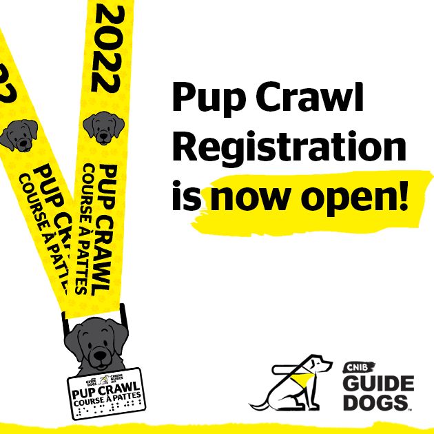 CNIB's tweet photo. Starting today, you can register for the 2022 CNIB Guide Dogs Pup Crawl by visiting https://t.co/cn9MH0lGl7. You have from April 27-May 31 to complete 5 KM however you choose – whether you want to walk, jog, run, dance, skip, or even crawl!
#CNIBPupCrawl #CNIBGuideDogs https://t.co/Qi87ODcVjq
