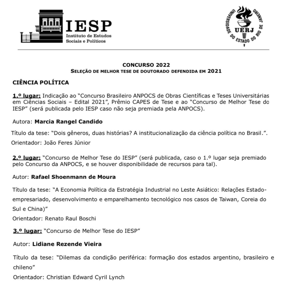 GEMAA_IESP's tweet photo. Com imensa alegria, o #GEMAA parabeniza a pesquisadora @MarciaRCandido, autora da melhor tese de doutorado defendida em 2021 no @uerj_iesp! É orgulho que fala! Confira aqui o resultado completo: https://t.co/REFimgNvs4 https://t.co/qGKhlCgrNs