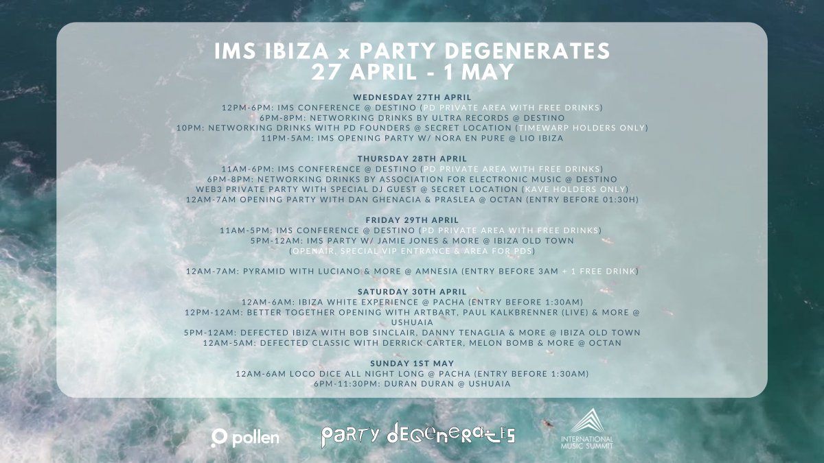 In less than a few hours we'll be arriving in #Ibiza with all the @PartyDegens fam ✨️

For one of the biggest music, party and NFT events over 5 days 🎉🥳🚀

🫂 Follow along here &amp; on IG for content 📷

#LFP #NFTs #PartyDegens #NFTutility <a href="/pollen/">Pollen</a>