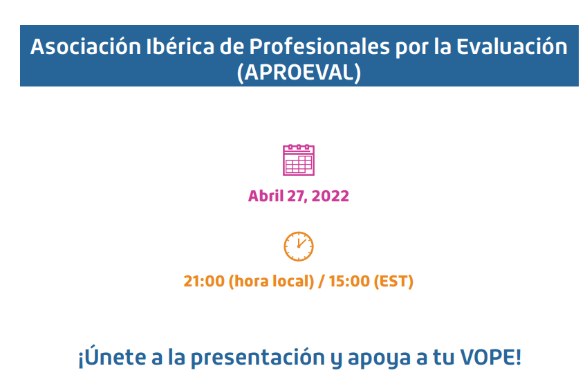 IOCE_eval's tweet photo. 🔰En vivo ahora: Asociación Ibérica de Profesionales por la Evaluación (#Aproeval @AproevalIbero) Presentación del Portafolio de Proyectos del #VOPEBootCamp
Ver en vivo: https://t.co/er5Egwga4D
Descarga el programa y conéctate vía Zoom:https://t.co/Vo5fN4SbLa https://t.co/BDn0ODLCIW