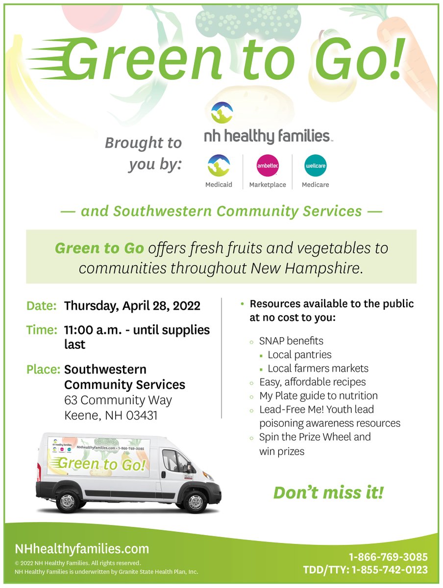 NHhealthy's tweet photo. Tomorrow is our next Green to Go event from 11am - until supplies last at Southwestern Community Services, 63 Community Way, Keene. Fresh fruits and veggies, prizes and Lead-Free Me! youth lead poisoning awareness resources. #NHhealthy #InNHforNH #GreenToGo @Keene_Sentinel https://t.co/Z5eOEsh1sm