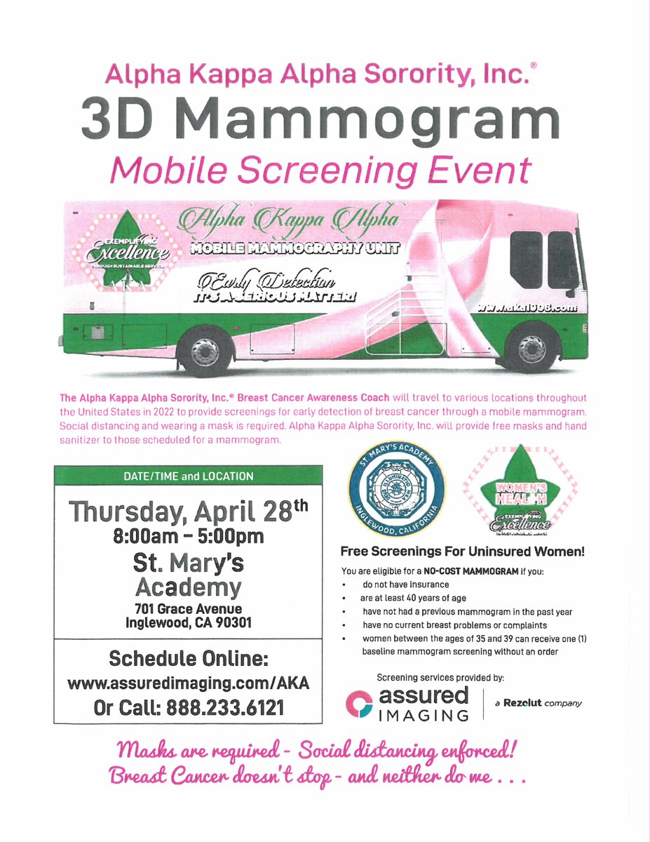 Free mammogram appointments in #Inglewood tomorrow are still available. Sign up at assuredimaging.com/aka/

#stopbreastcancer

@AssuredWW @akasorority1908