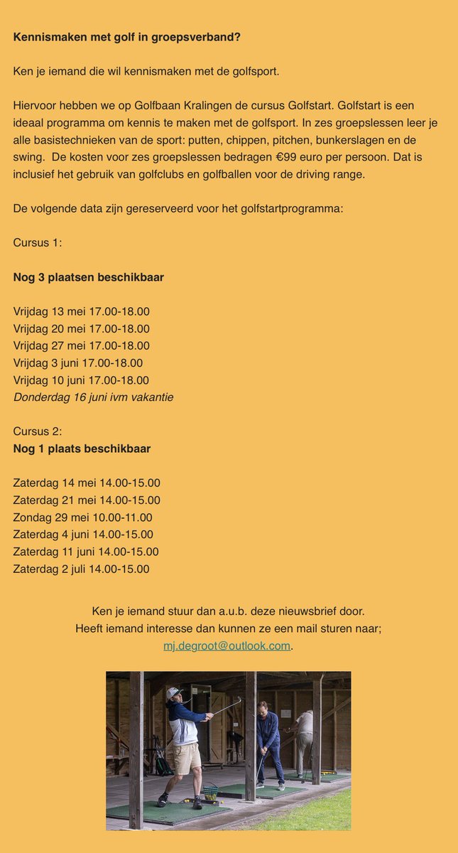 Wil je op een leuke en goedkope manier kennismaken met golf doe dan mee met deze cursus op Golfbaan Kralingen nog enkele plaatsen vrij. Materiaal en driving range ballen inbegrepen