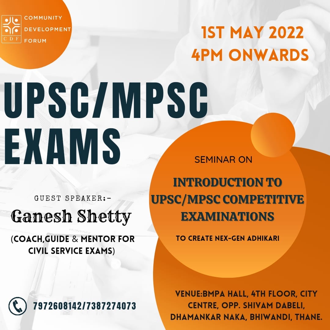 CDFBharat's tweet photo. Introduction and guidance seminar on UPSC/MPSC 

On 1st May 2022 at 4pm

At BMPA Hall, 4th floor, City Centre, Opp. Shivam Dabeli, Dhamankar Naka, Bhiwandi.

Click here to register
https://t.co/tZQAyDs5iF

Or Contact us on the given number 
Aryan - 7972608142
Saloni - 7387274073 https://t.co/hh4VElUYWJ