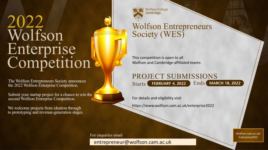 Join us tomorrow at the finals of the 2022 Wolfson Enterprise Competition and have the opportunity to network with all our finalist, venture capitalist, entrepreneurs and founders across Cambridge.

Chat with participants over drinks &amp; food. See u at 3p.m

wolfson.cam.ac.uk/about/events/w…