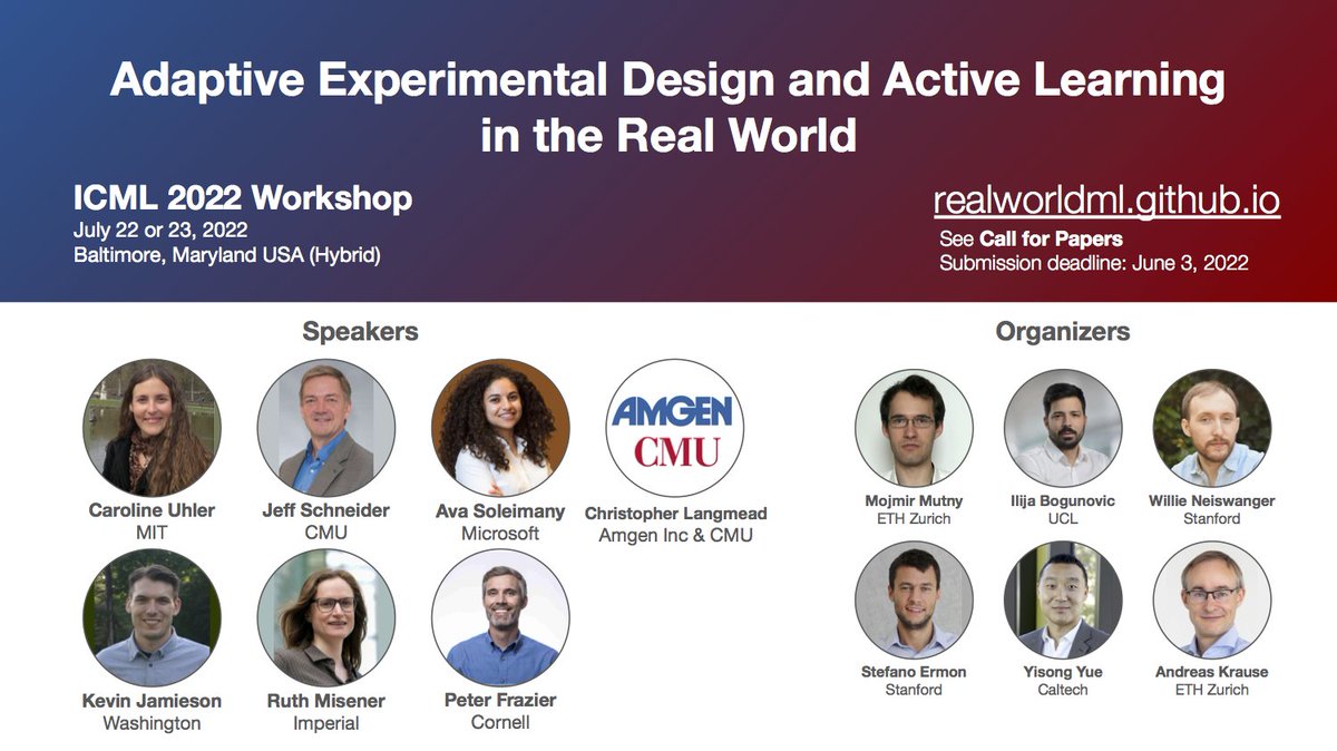 We are excited to announce the ICML ReALML workshop on Adaptive Experiment  Design and Active Learning @icmlconf! We welcome submissions! Please submit  your work here: https://t.co/orIEXjApWx (deadline: June 3, 2022 AOE). Hope