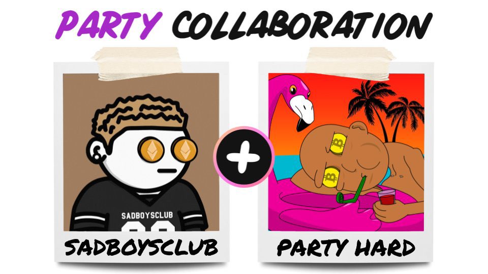 🎉 Sad Boys Club X Party Hard🎉

#NFTGiveaway prizes:
🏆 5x presale spots for both!

1️⃣ Follow 
<a href="/SadBoysClubNFT/">SADBOYSCLUB | MINT NOW @ 0.01ETH</a> &amp;
<a href="/PartyHardNFT/">PARTY HARD</a>
2️⃣ ❤️&amp; RT
3️⃣ Tag NFT frens

⏰ 24 HR - 5 Winners

Good luck!
#NFT #NFTart #NFTs #digitalart