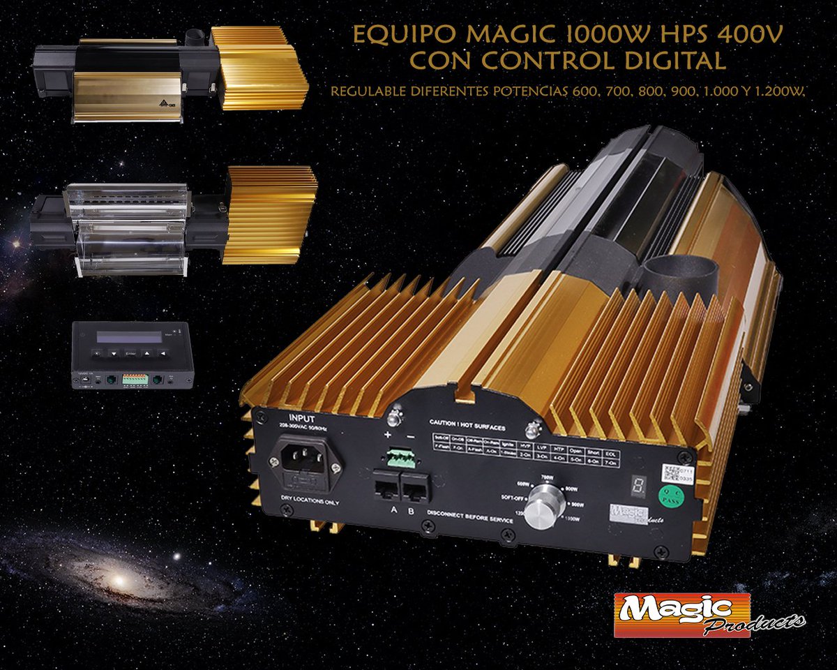Magic_Products_'s tweet photo. Equipo de iluminación 1000w 400v marca @magic_products_ con bombilla Philips Green Power de 500w x 2, regulable 600, 700, 800, 900, 1.000 y 1.200W, con control manual y digital.
Disponible en @Distri_Paraliar https://t.co/AIsUPGOt2K