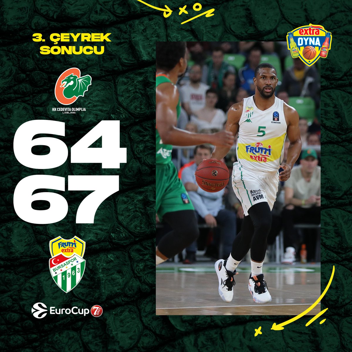 🏀 3. Çeyrek Sonucu

#CedevitaOlimpija 64-67 #FruttiExtraBursaspor 💪