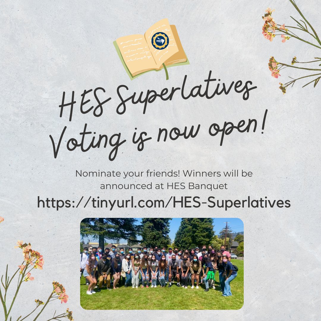 Happy last week of classes!🥳 We hope ya'll are taking care of yourselves during this time 💙 Friendly announcement about our HES superlatives!!🌟 Nominate your friends!! Form:tinyurl.com/HES-Superlativ…