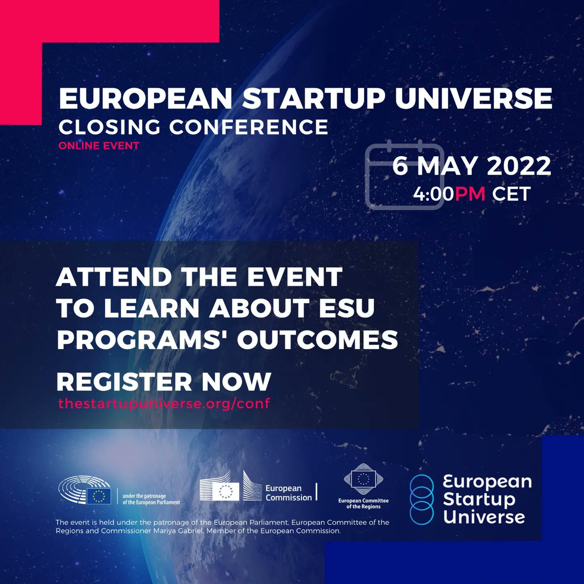 startupunivers's tweet photo. Our Closing Conference Online Event will take place on May 6, at 4:00 PM CET,

During this event, you will have the chance to witness firsthand the Presentation of the ESU programs' outcomes.📈

Make sure you attend! Register now through the link  https://t.co/eW9kf1qJj8

#esu https://t.co/QsDZbyxlVG