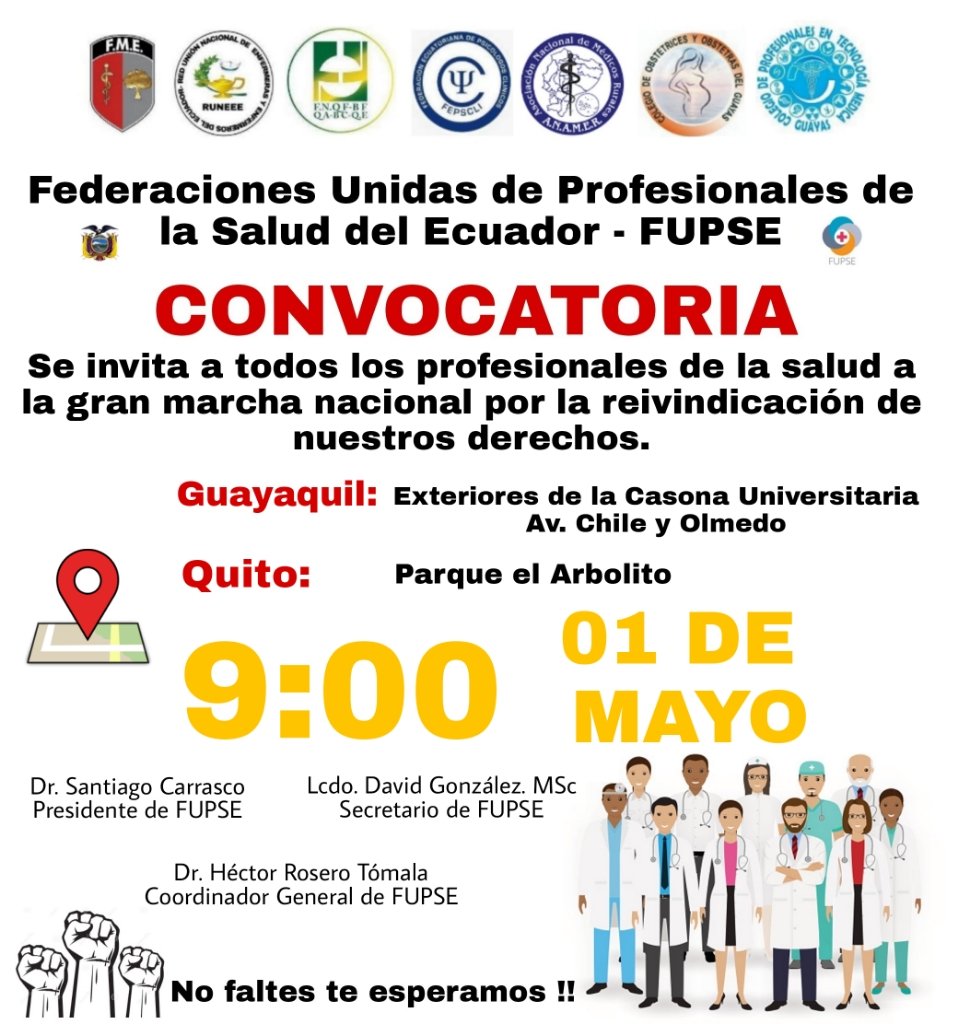 📢📢Este Primero de Mayo únete al gremio sanitario⬇️
✅Por la defensa del sistema público de salud
✅Por el cumplimiento de la LOAH y el tratamiento de la Ley Orgánica de Carrera Sanitaria
✅Por la apertura de posgrados 💪💪 🇪🇨🇪🇨🇪🇨
