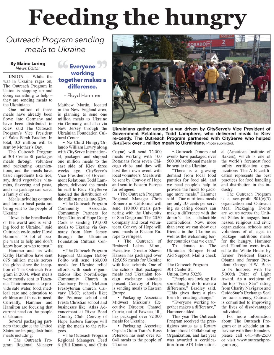 The Outreach Program and its packaging partners have sent over 3 million meals to Ukraine.