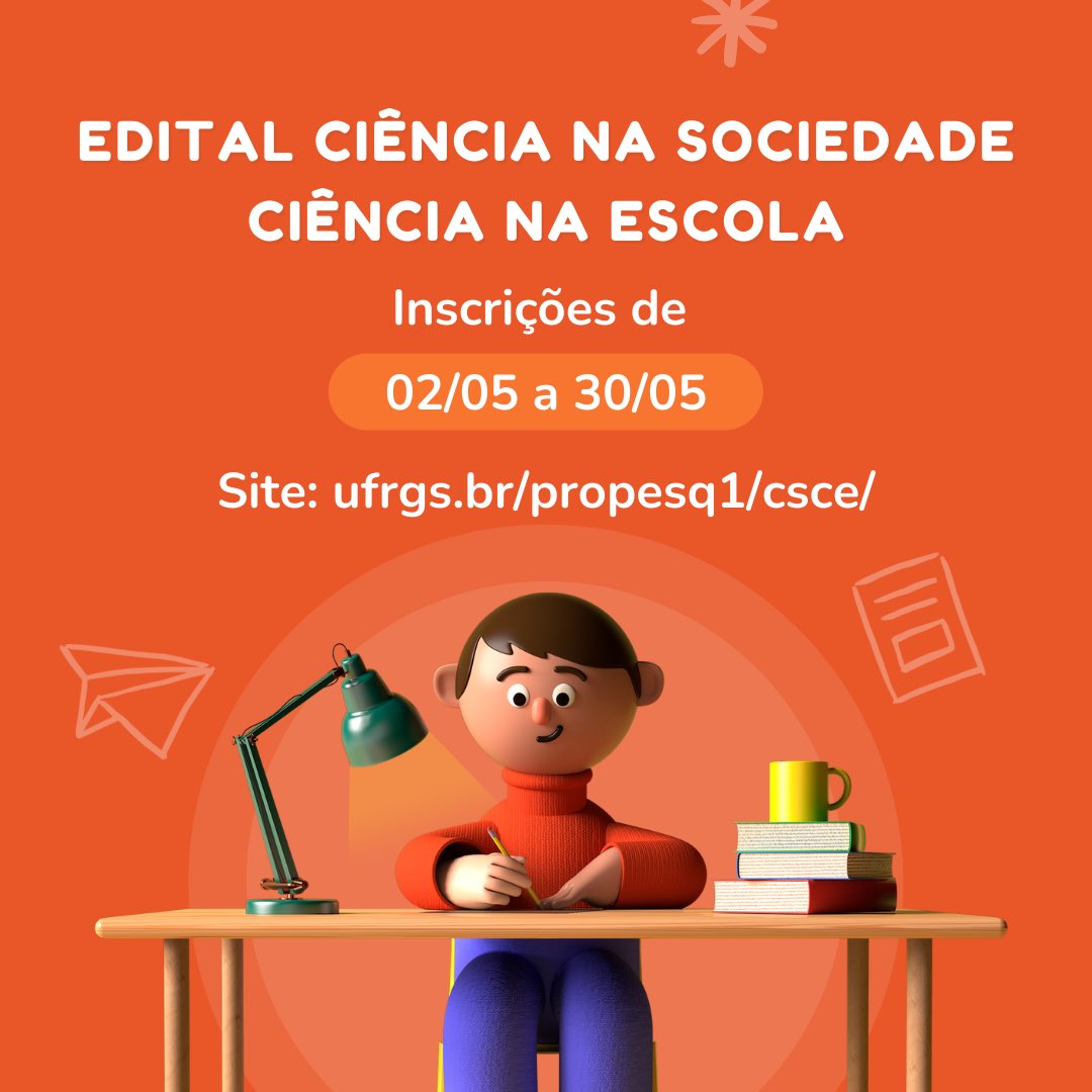 ▫️PROPESQ lança o edital Ciência na Sociedade Ciência na Escola 

🗓Inscrições: 02/05 a 30/05 

+Info: ufrgs.br/propesq1/prope…
