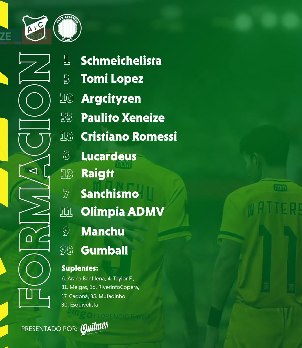 XI - TITULAR

Equipo confirmado para debutar en la #FatterCup contra @OficialCAG_ 

DT: @TheMatuxx17 
AT: <a href="/JairNeku/">JairNeku</a> 

📺 Míralo por: twitch.tv/confatter <a href="/CONFATTER/">Confederación Falopa Tuittera</a>
