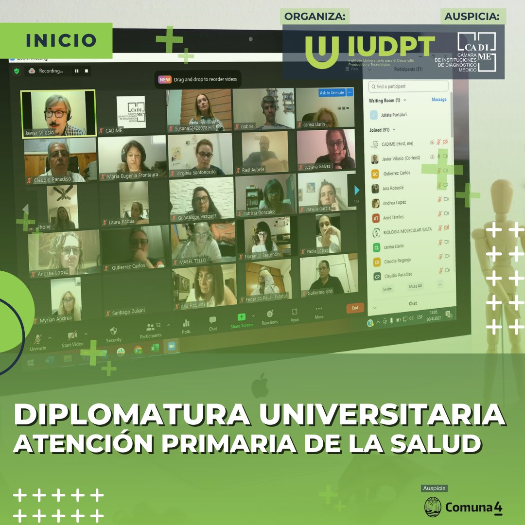 CADIMESALUD's tweet photo. 🎓El martes 26 de abril inició la Diplomatura Universitaria de APS, organizada por el Instituto Universitario para el Desarrollo Productivo y Tecnológico Empresarial de la Argentina, auspiciada por #CADIME y la Comuna 4. 
Más información: https://t.co/CWH9voAlHA https://t.co/banz53GTbr