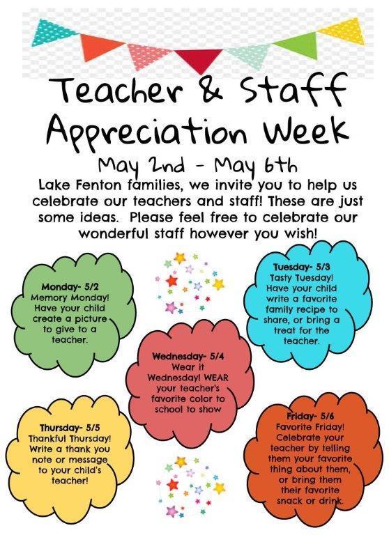 LakeFentonWSES's tweet photo. Please join us in celebrating our AMAZING staff,  May 2nd - May 6th. #LFLEADS https://t.co/MJf9mBqKXk
