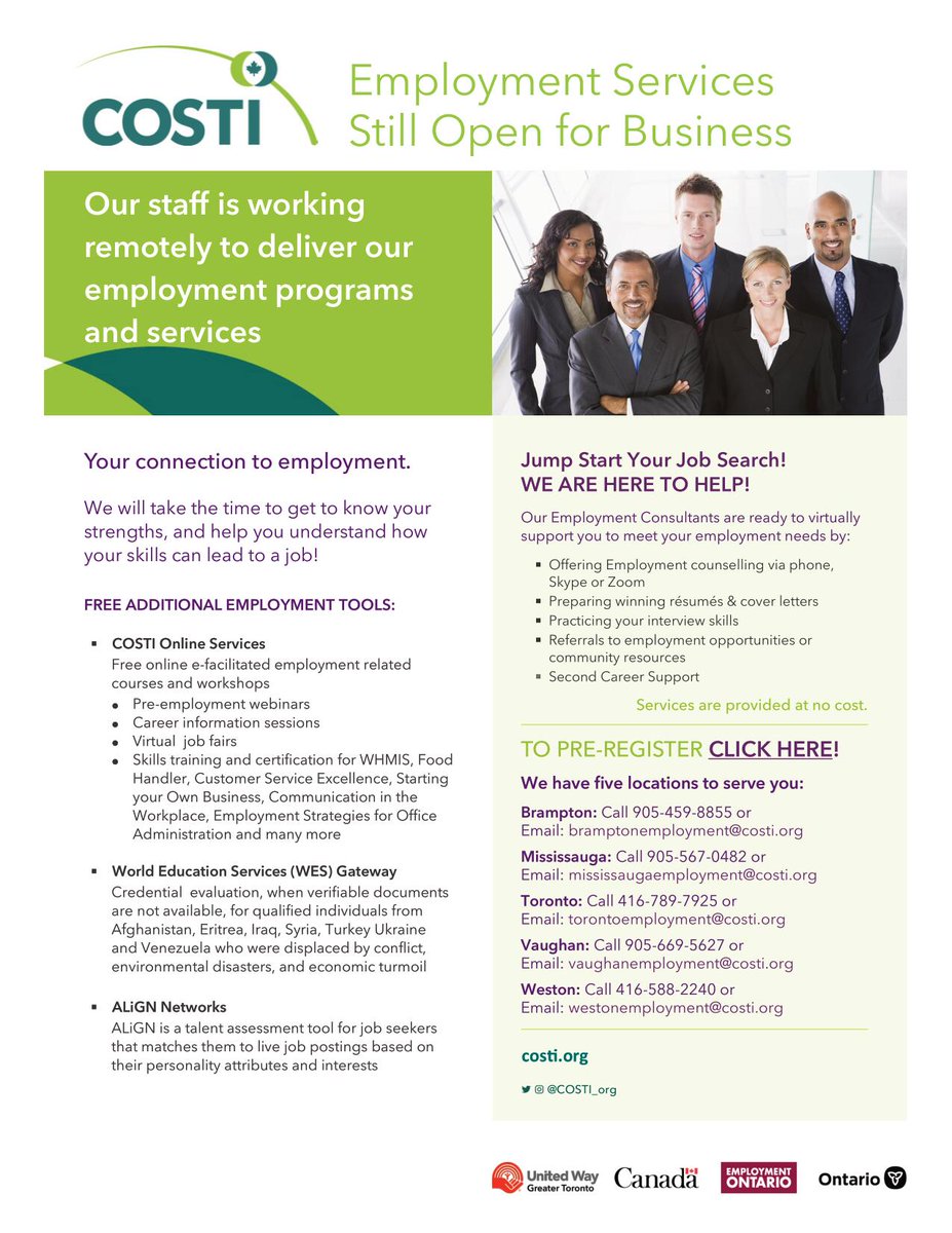 COSTI_org's tweet photo. COSTI Employment Services offer one-on-one #counselling, #onlineworkshops and #webinars for adults and youth. All of our services are available at no cost. Learn more at https://t.co/nlhwlG1ab3.
#JobSearch #Newcomers #InternationallyTrained #EmploymentServices https://t.co/4pi3mybOkh