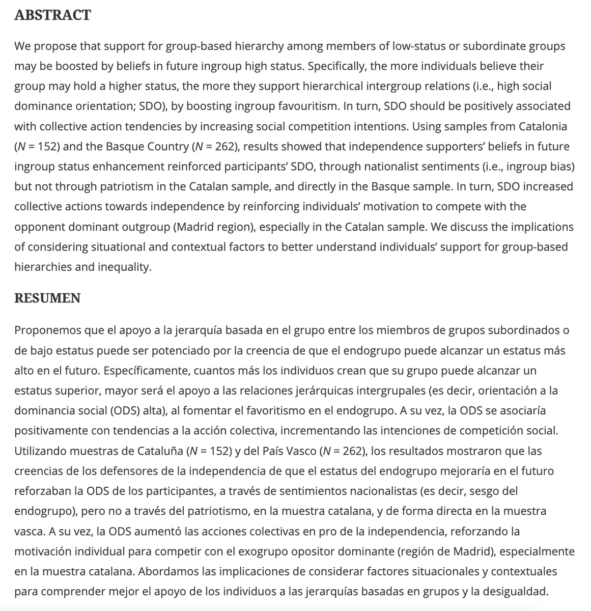 IJSP_RPS's tweet photo. 📣 New article by Carvalho, Pinto, Páez, @RuiCostaLopes &amp; Marques (2022).
‘We will show our strength!’: The independentists’ support for group-based hierarchy to guarantee and legitimate ingroup status-enhancement
#Psychology #SocialPsychology

https://t.co/NOHe8zNuJ1 https://t.co/lAXeQcH1sT