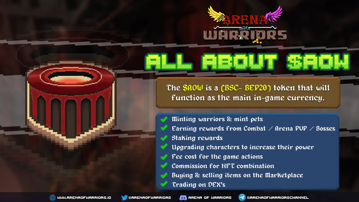 ⚔️In Arena of Warriors, $AOW is the main in-game currency, players can farm it easily.

There are some utilities of $AOW you should know.

👉 Find out the details here: docs.arenaofwarriors.io/fundamentals/u…
#DeFi #gamefi #p2e