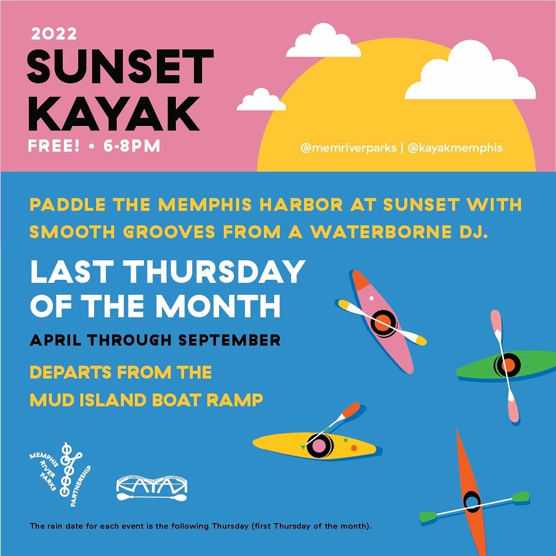 🌅🛶 TOMORROW! Sunset Kayak is back on Mud Island for the first event of the season! Paddle around the Harbor with FREE kayak rentals and a waterborne DJ from 6-8pm!

fb.me/e/5fQILCc6F
<a href="/memriverparks/">Memphis River Parks Partnership</a> @kayakmemphis

#downtownmemphis #backdowntown #sunsetkayak