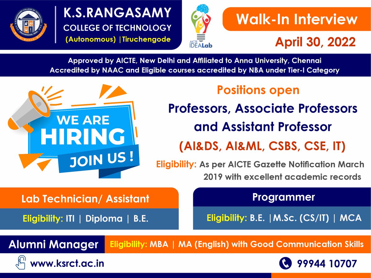 Walk-In Interview !

#ksrct1994 #Career #JobOpenings #Professor #Technician #Programmer