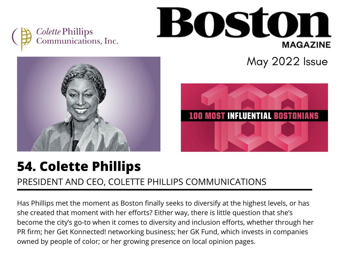 GK Fund (@gk_fund) on Twitter photo Congratulations to our President <a href="/ColettePhillips/">Colette Phillips</a> for being named to the 100 Most Influential Bostonians list by <a href="/BostonMagazine/">Boston Magazine</a>! Congratulations to our President <a href="/ColettePhillips/">Colette Phillips</a> for being named to the 100 Most Influential Bostonians list by <a href="/BostonMagazine/">Boston Magazine</a>!