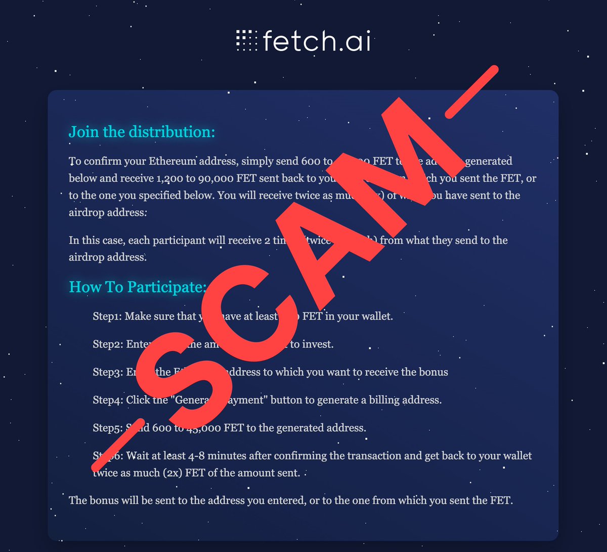 ⚠️ PSA - there is a fake $FET airdrop campaign website set up.

Fetch-air[dot]com

Please exercise due caution and do not consider participating in this. There is no official airdrop campaign undertaken by <a href="/Fetch_ai/">Fetch.ai</a> at the moment.