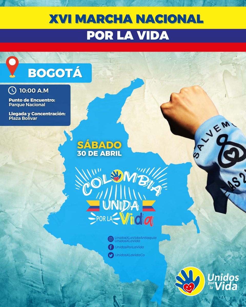 UnidosxlaVidaCo's tweet photo. #ColombiaProvida

🇨  🇴  🇱  🇴  🇲  🇧  🇮  🇦   ​🇨🇴 🇺  🇳  🇮  🇩  🇦   🇵  🇴  ​🇷    
🇱  🇦    🇻  🇮  🇩  🇦  💙

Por eso saldremos a marchar!!‼️📣🚶🚶��🚶🏻‍♀️🚶🏾‍♂️🚶🏿‍♀️🚶🏼‍♂️🚶🏼🚶🏼‍♀️📢 este 🗓️sábado 30 de abril 
🕕 10 am 
📍Parq Nacional recorriendo toda la CR 7a hasta la Plaza de Bolivar. https://t.co/12dcRCtDMw
