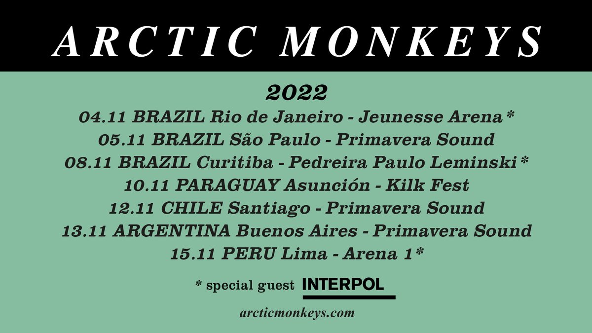 ArcticMonkeys's tweet photo. We are pleased to announce our headline shows and festival appearances in South America this November with a further date in Colombia to be announced soon. Visit our website for tickets. https://t.co/PaUDpilxTU https://t.co/2YngPzhbuJ