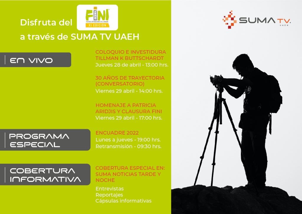 UAEH_OFICIAL's tweet photo. Disfruta del FINI Festival Internacional de la Imagen a través de @sumatvuaeh por el 13.1 de tu TV o desde nuestra página web oficial: https://t.co/u3efhZJGAo
#FINI2022 #UAEH #FINIXI https://t.co/6vd3twzAME