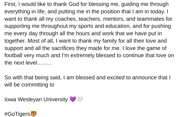 JacksonCoon1's tweet photo. 110% committed 💜🤍 @LegionLancerFB @CoachLozano23 @IWTigerFootball @CoachDaniels_IW https://t.co/ml0fgl1tb0