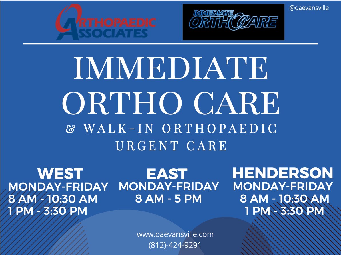 Be sure to remember our Immediate Ortho Care locations and hours when sudden injuries occur 🚨
#orthoevansville #orthopaedicassociates #immediateorthocare #evansville #henderson #newburgh