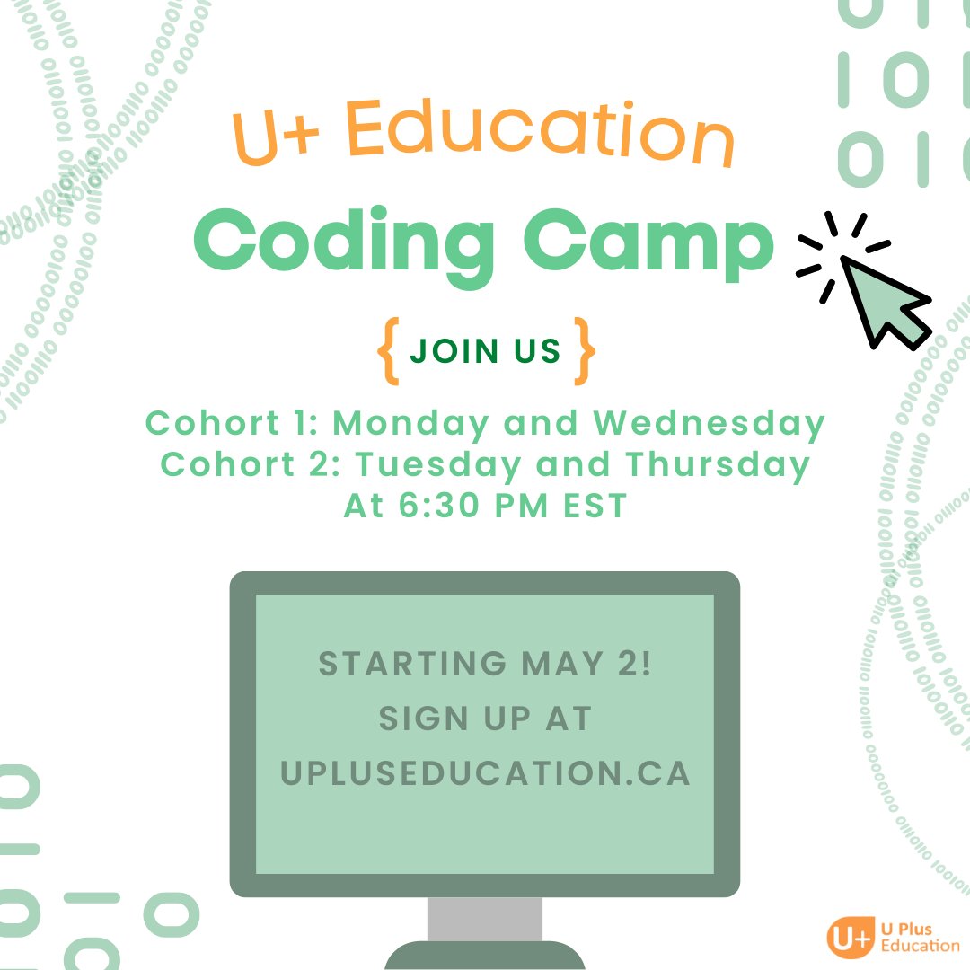 UPlusEducation's tweet photo. Join our python coding club starting on May 2 and get the chance to win $300 in prizes! No previous coding experience is needed! 💻 Sign up at: https://t.co/R49zsoAcIJ
#coding #codingclub #codingclass #education #vituallearning #upluseducation https://t.co/2HXcpSONte