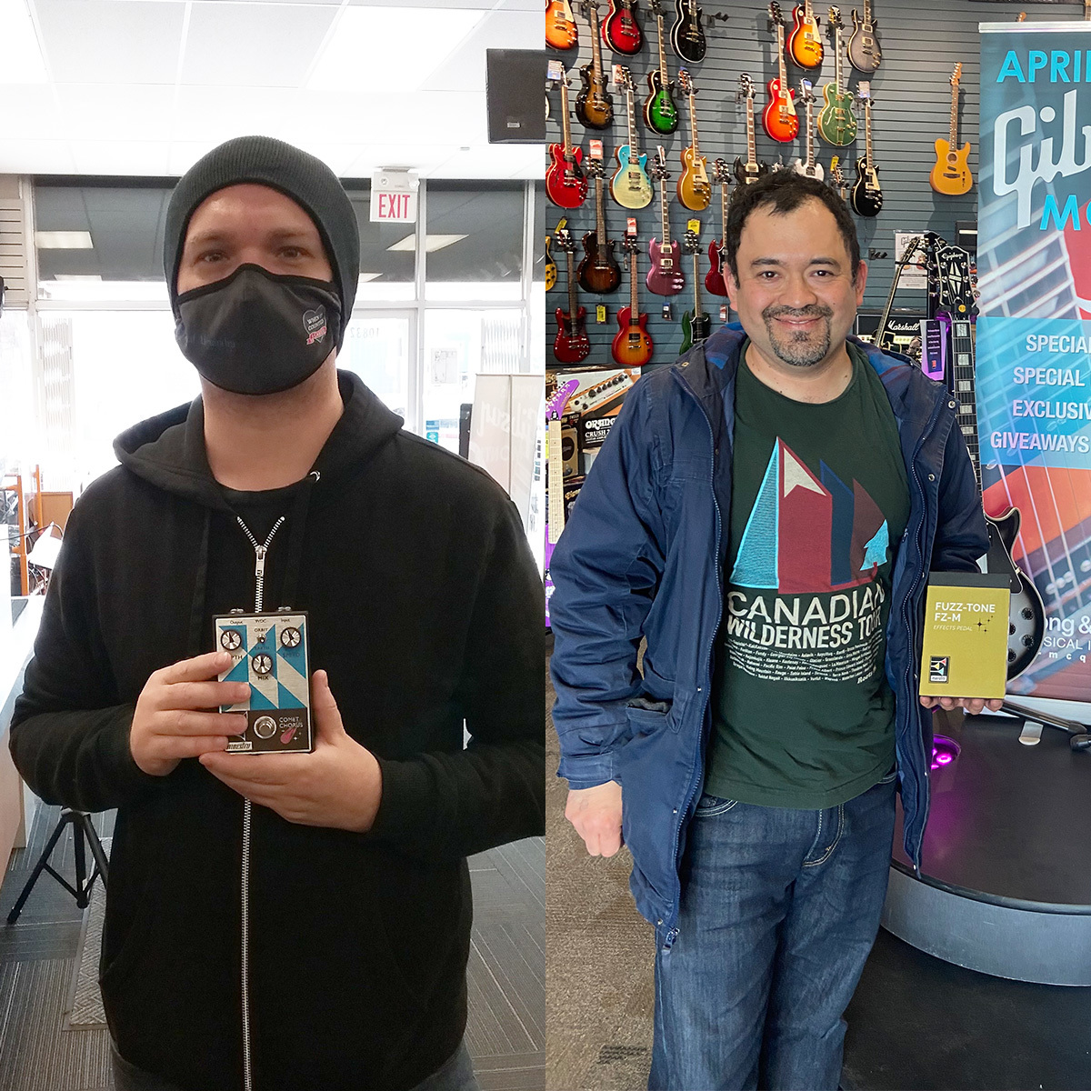 LongMcQuade's tweet photo. Two of our "Shape Your Sound" contest winners have picked up their prizes! 🏆

Congrats, Kevin K. from Edmonton and Rogerio D. from Vancouver! 🥳

Enjoy your new Maestro Comet Chorus and Fuzz Tone pedals. ☄️

#longandmcquade #gibsonmonth #maestroeffects #cometchorus #fuzztone https://t.co/69X9kLYGBy
