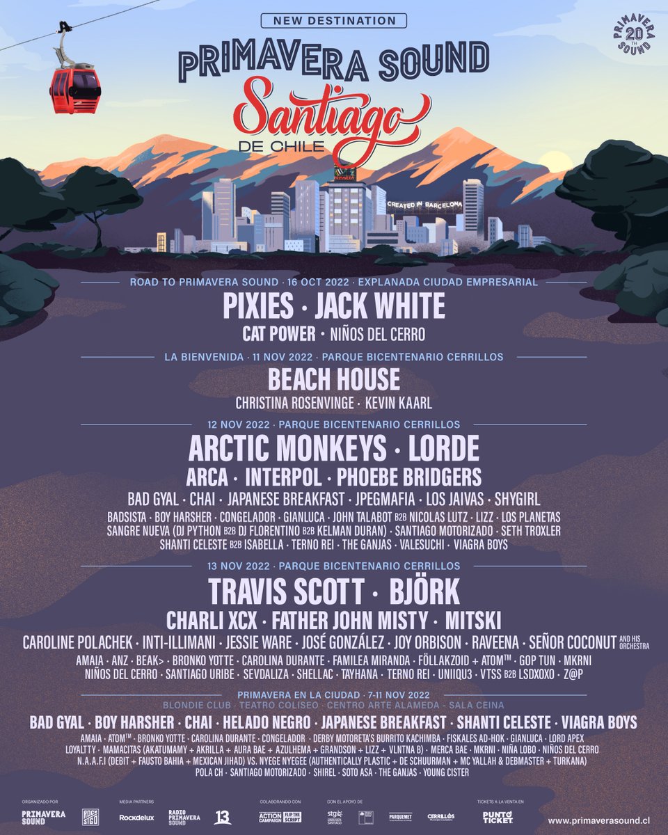 Primavera_STGO_'s tweet photo. Este es el cartel completo de #PrimaveraSoundStgo
🗓️ 7 – 13 de noviembre 2022 
Recuerda que se está llevando a cabo la venta general de abonos ahora mismo en @puntoticket 
https://t.co/m81sVowNZV https://t.co/7vPSyPfuQU