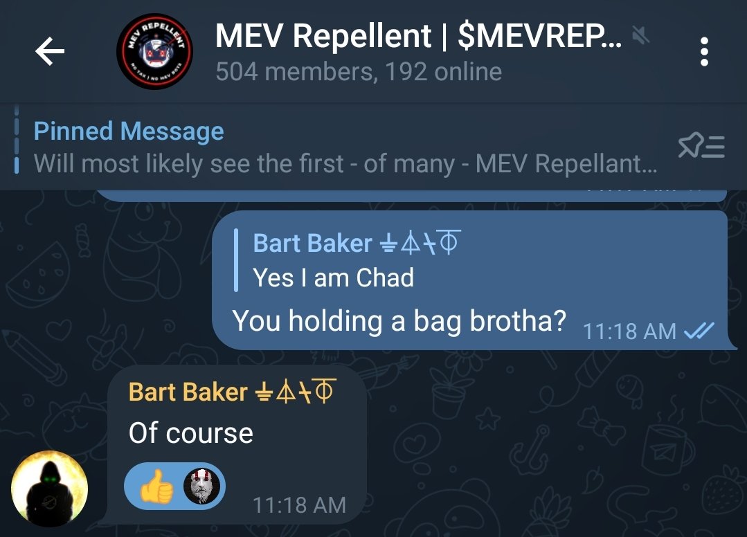 Maestroz92's tweet photo. @BartBaker is holding a bag of @MEVrepellent why aren't you??
#100xgem #1000xgem #ALTSEASON #bartbaker #altcoin #tech #crypto #Twitter https://t.co/kvSSjMlp2m