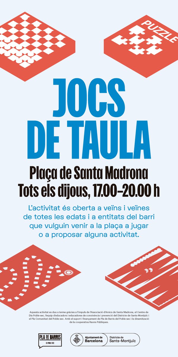 PladebarrisBCN's tweet photo. ♟️T'agradaria aprendre a jugar escacs? 

➡️Demà t'esperem a l'activitat de Jocs de taula de la plaça Santa Madrona amb #EscacsComtalClub!

🧩Un espai de trobada veïnal a través de jocs de taula, des d'una mirada comunitària, intergeneracional i intercultural. https://t.co/muv2J1x7B7