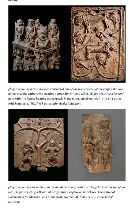 plaques depicting cow sacrifice, an animal hunt (leopard or lion), amufi acrobats, and a benin soldier leading a captive on horseback 

isaacsamuel.substack.com/p/from-an-afri…