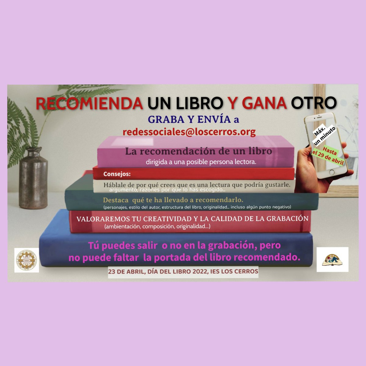 Animaos y concursad. Solo quedan dos días. Enviad vuestra recomendación a redessociales@loscerros.org <a href="/IESLosCerros/">IES Los Cerros</a> <a href="/redbecreaja/">Red BECREA Jaén</a> #RecomiendaUnLibro