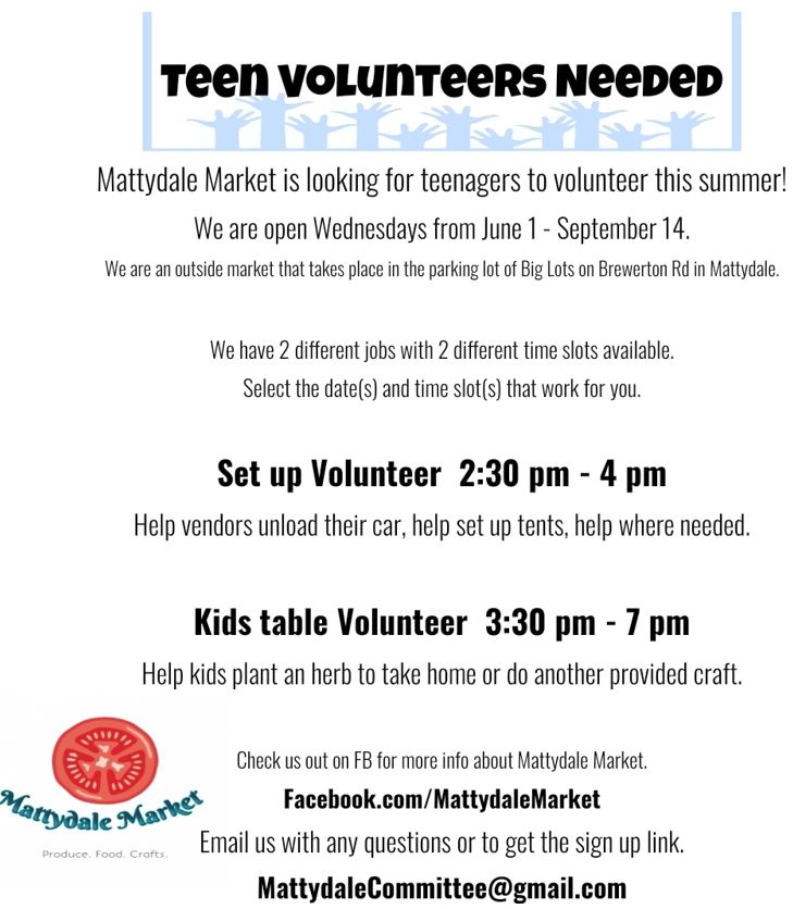 TownofSalina's tweet photo. Mattydale Market is searching for TEEN VOLUNTEERS to work our outside market on Wednesdays June 1- Sept 14th!!  Contact:  MattydaleCommitte@gmail.com https://t.co/Q3T1JmkMO1