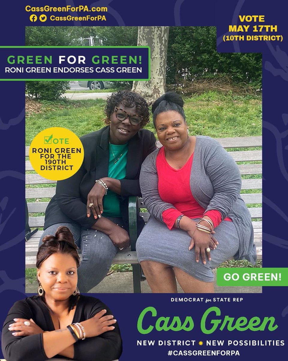 CassGreenForPA's tweet photo. Excited to announce that @ronigreenfor190 has endorsed my campaign, and that I wholeheartedly support her campaign for the 190th as well.

Roni is a longtime union worker and organizer, and the kind of person I would be honored to work alongside in Harrisburg. #GreenforGreen https://t.co/q8TrJBEugX