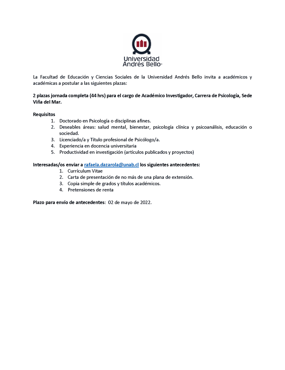 fervart's tweet image. Concurso 2 plazas jornada completa para cargo Académico Investigador Carrera de Psicología UNAB Viña del Mar