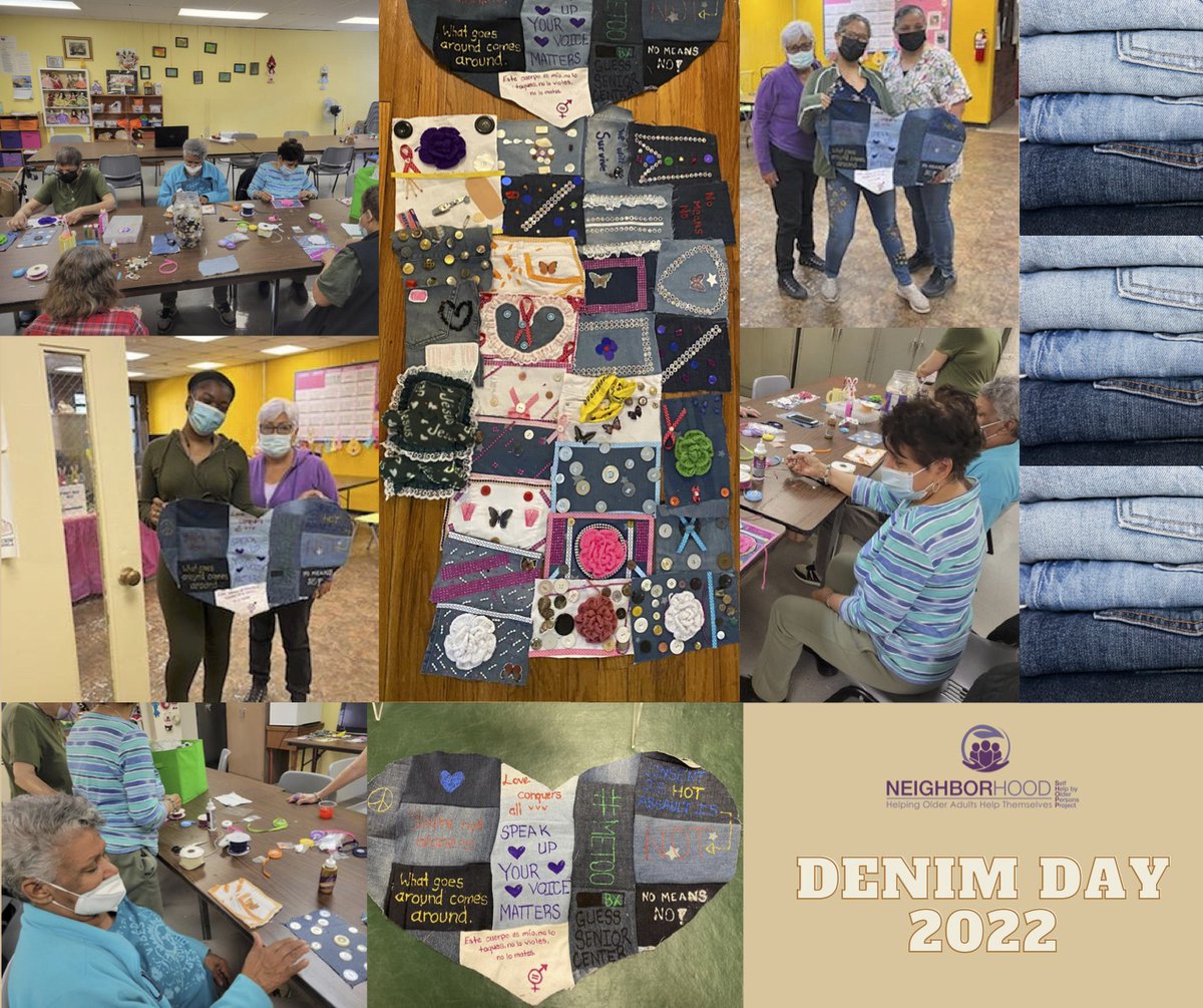 nshopporg's tweet photo. This year for #DenimDay, our older adult centers decorated denim squares in honor of #SexualAssaultAwarenessMonth. The squares represent our older adult's artistic views and their thoughts on survivors and healing. Check out our denim banner at this year's Bronx Denim Day March! https://t.co/rLdKetMn85