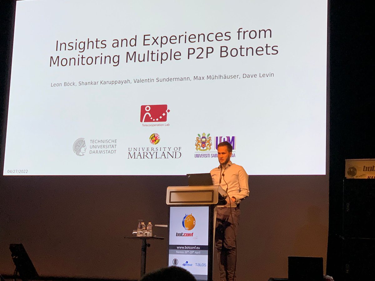 I had the pleasure of presenting our work in person at #Botconf today. Shout out to <a href="/Botconf/">Botconf</a> for organizing this awesome event. <a href="/sh_nk_r/">Shankar Karuppayah</a> <a href="/DistributedDave/">Dave Levin</a> <a href="/spin_TUDa/">SPIN@TK</a>